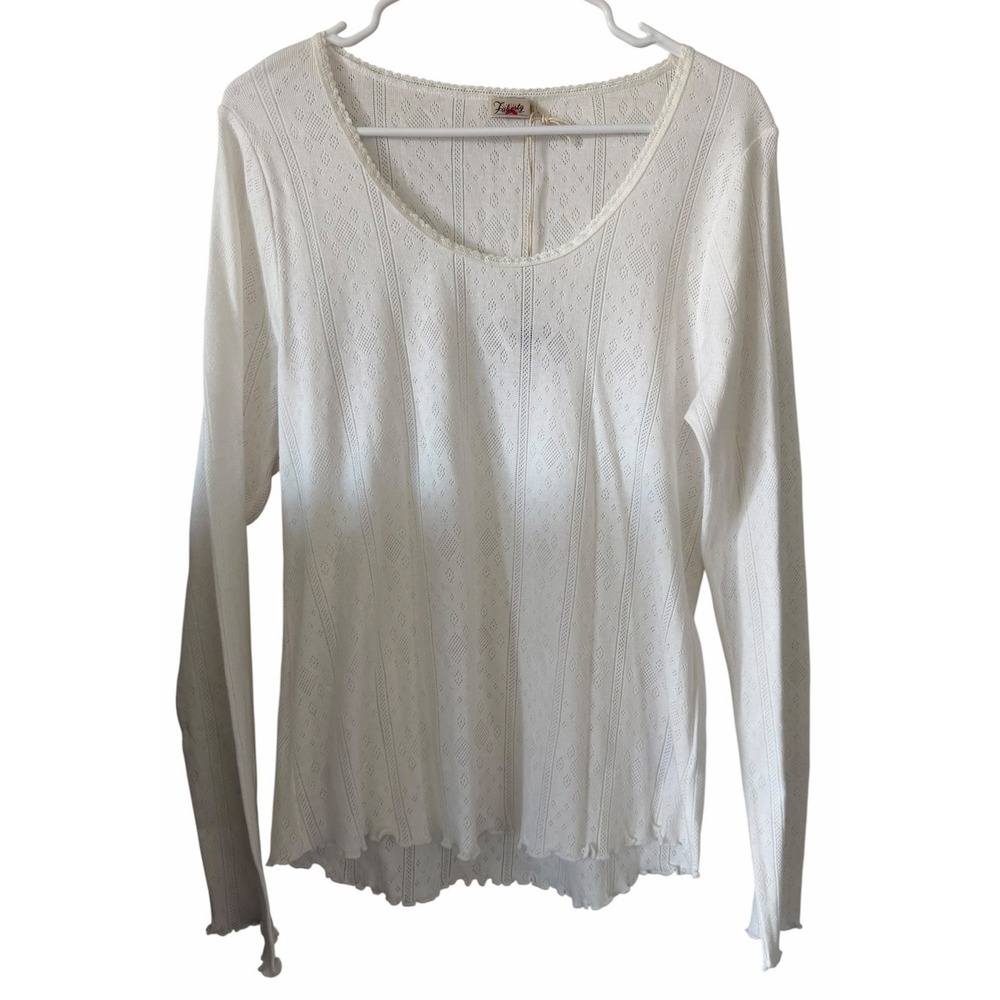 Faherty Pointelle Long Sleeve Tee Lace Scoop Neck‎ White Women's Size X-Large